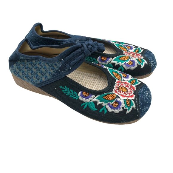 Womens Wedge Heels Canvas Floral Embroidered Ankle Strap Navy Blue 255 US 8.5 - Picture 1 of 5